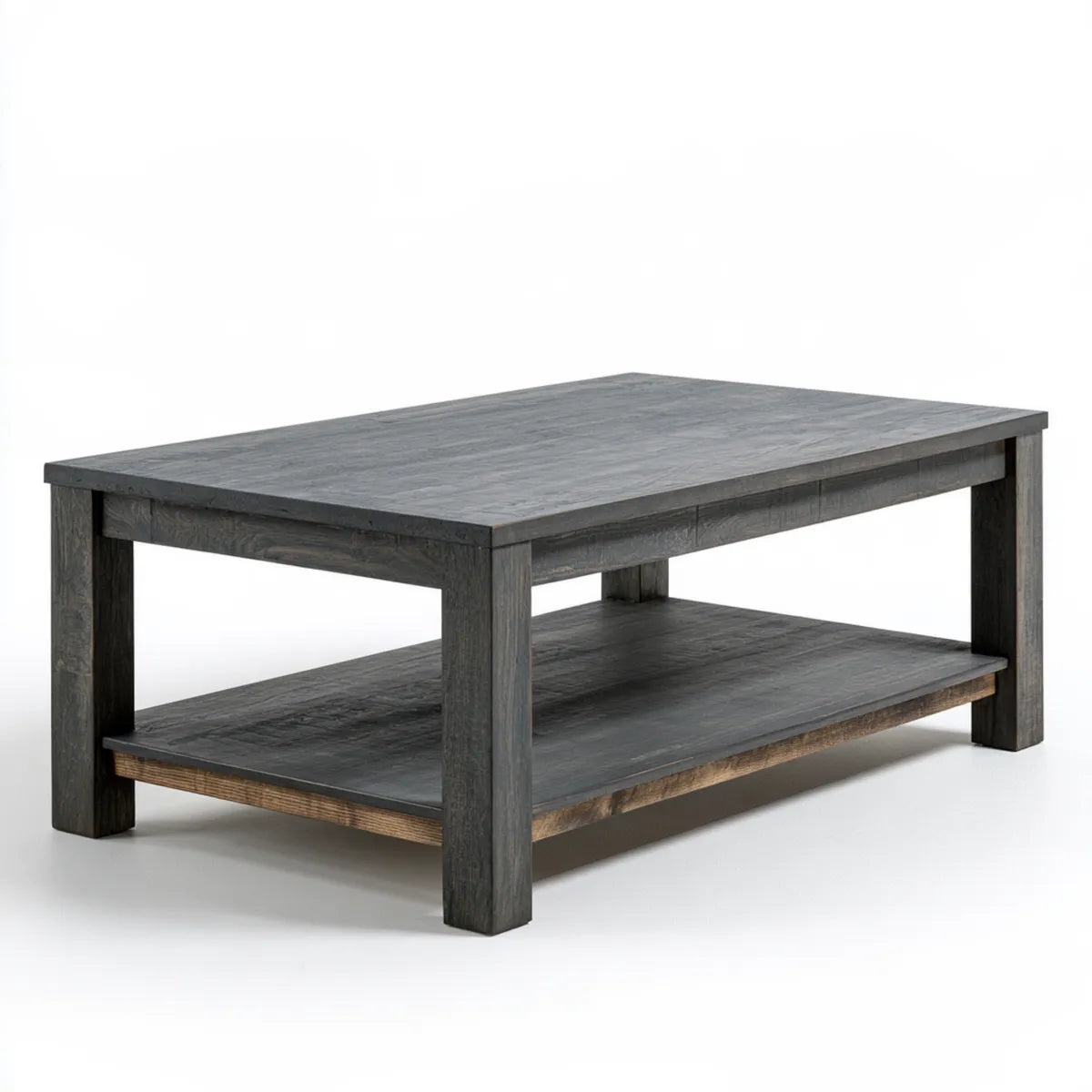 Rectangular Solid Pine Wood Coffee Table with Open Storage Shelf, 48 x 24 x 18 in, Gray/Brown