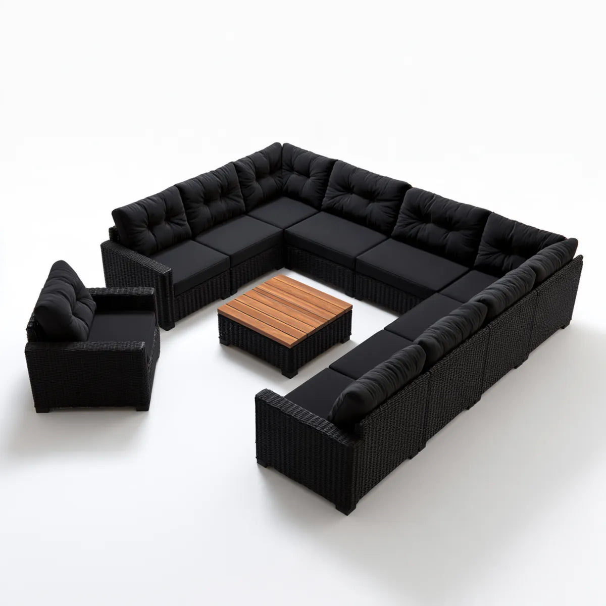 9-Piece U-Shaped Outdoor Patio Sectional Sofa Set with Coffee Table, Black PE Rattan and Acacia Wood, 275 x 205 x 63 cm