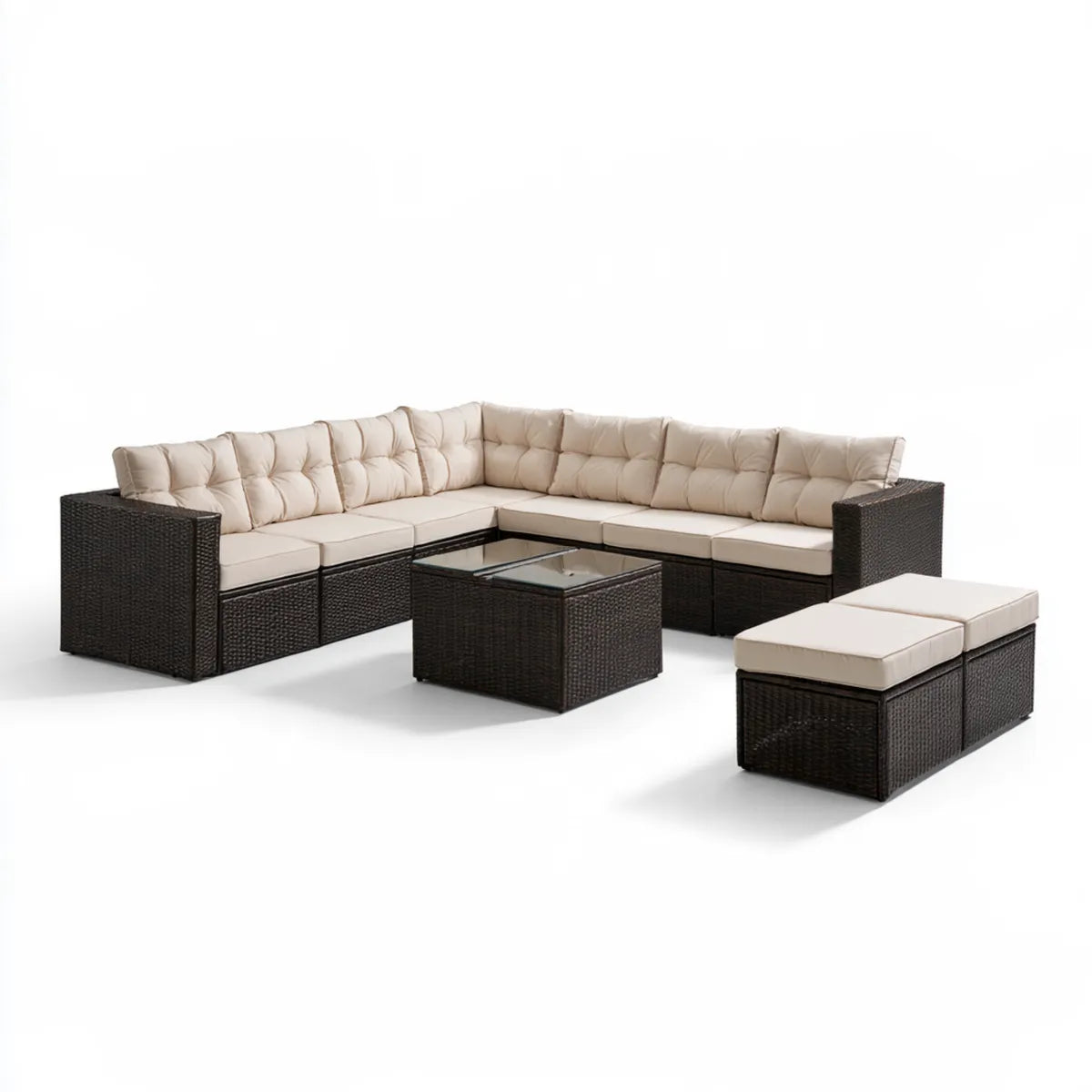 Outdoor PE Rattan L-Shaped Sectional Sofa Set with Coffee Table and 2 Ottomans, 111 x 83 x 25 in, Dark Brown and Cream