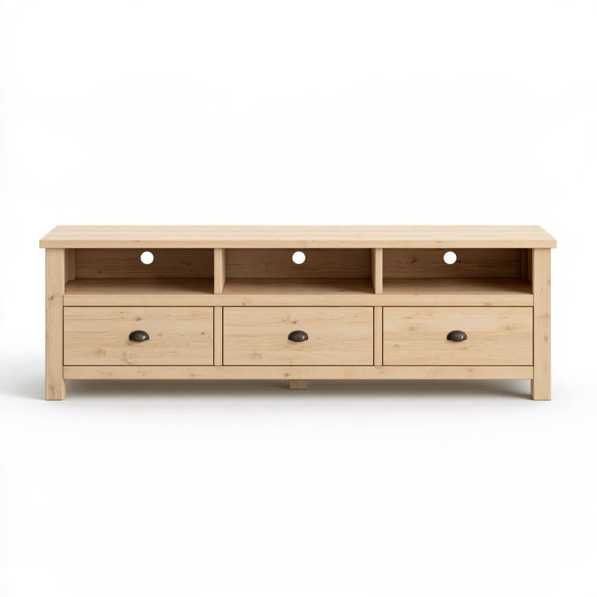Natural Solid Pine Wood TV Stand Media Console with 3 Drawers and 3 Open Compartments, 70.9 x 15.7 x 23.6 in