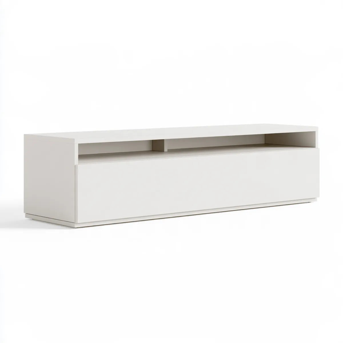 White Engineered Wood TV Stand with Drawer and Open Shelf, 63 x 16 x 18 in