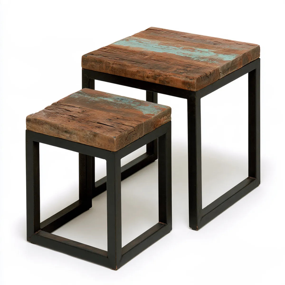 Set of 2 Nesting Coffee Tables, Solid Reclaimed Wood and Black Metal Frames, Brown/Turquoise/Black, 50 x 50 x 50 cm and 40 x 40 x 40 cm