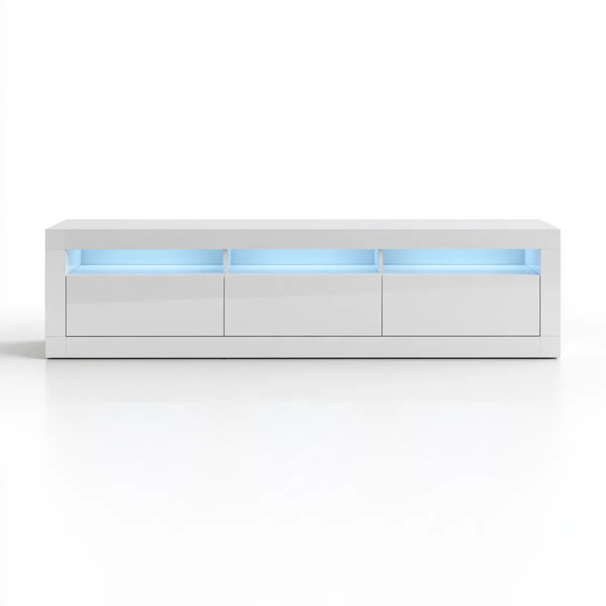 White MDF TV Stand with Blue LED Lights, 71 x 15.7 x 18.9 in, 3 Drawers and 3 Open Compartments