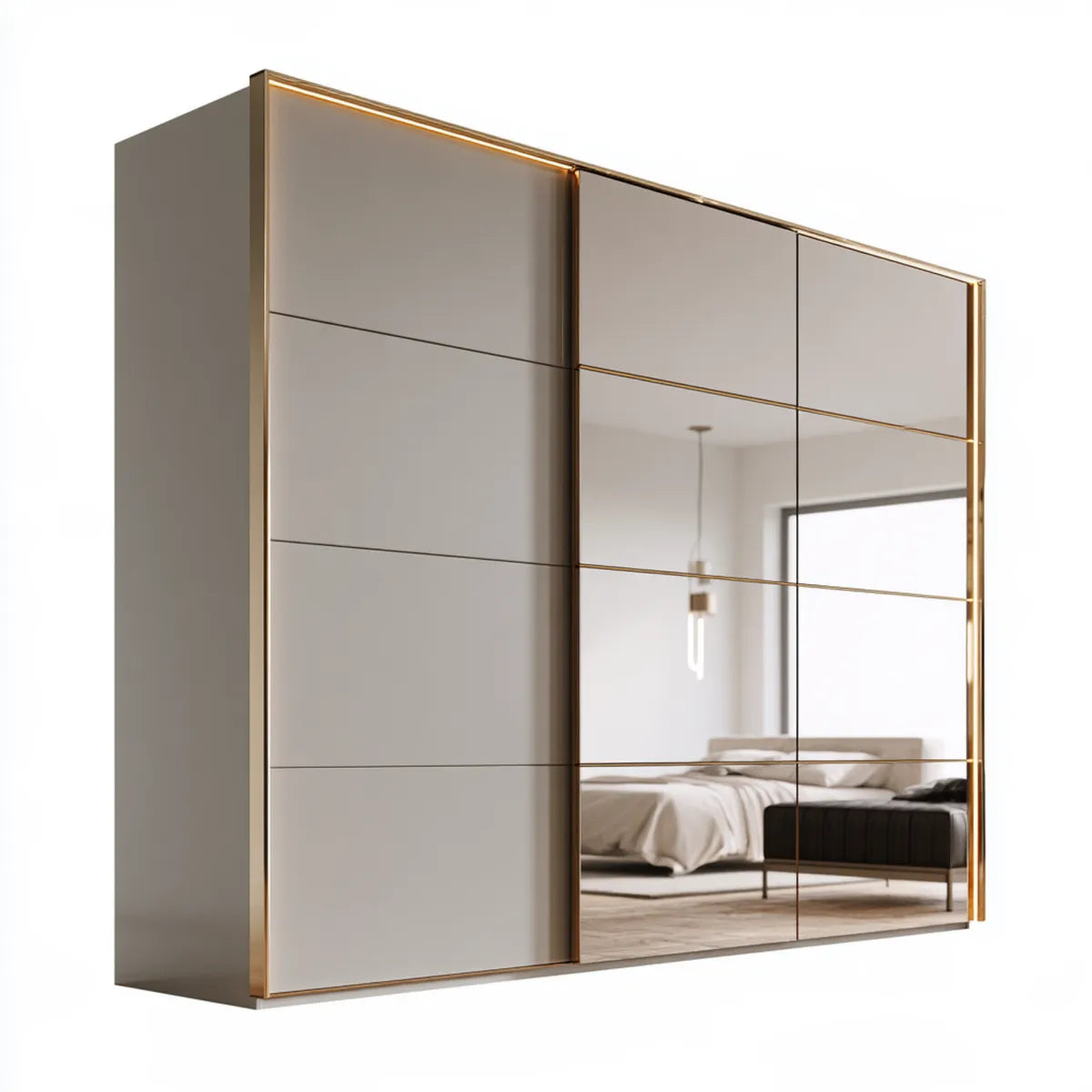 78.74 x 23.62 x 82.68 in Taupe MDF Mirrored Sliding Door Wardrobe with Gold Aluminum Frame
