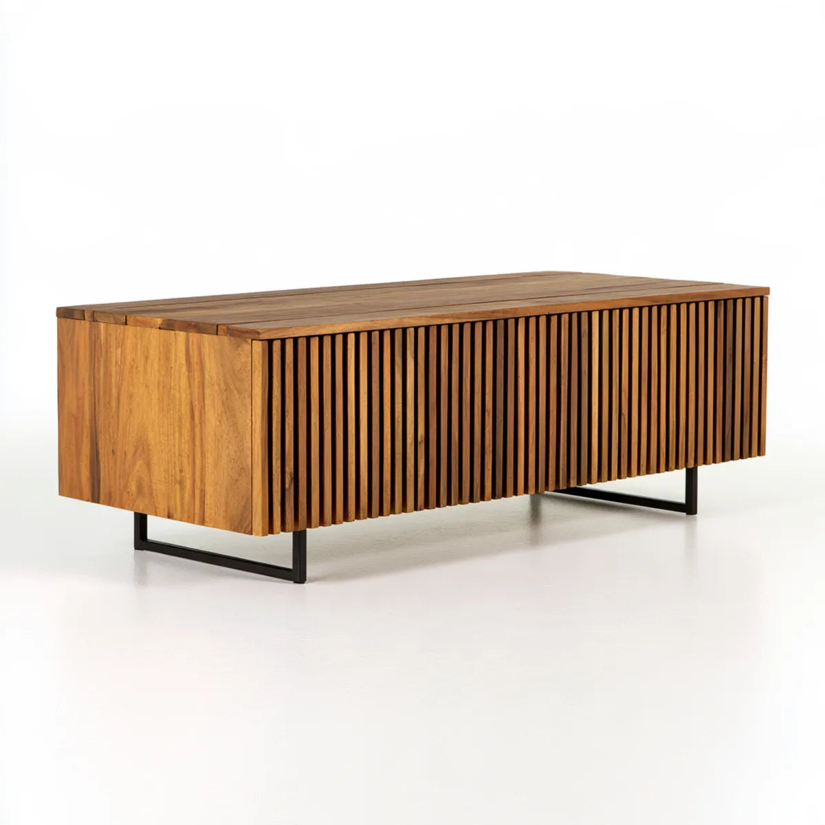 Rectangular Storage Coffee Table, 55.1 x 23.6 x 17.7 in, Natural Solid Teak Wood and Black Steel