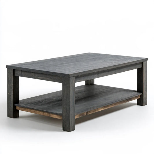 Rectangular Solid Pine Wood Coffee Table with Open Storage Shelf, 48 x 24 x 18 in, Gray/Brown