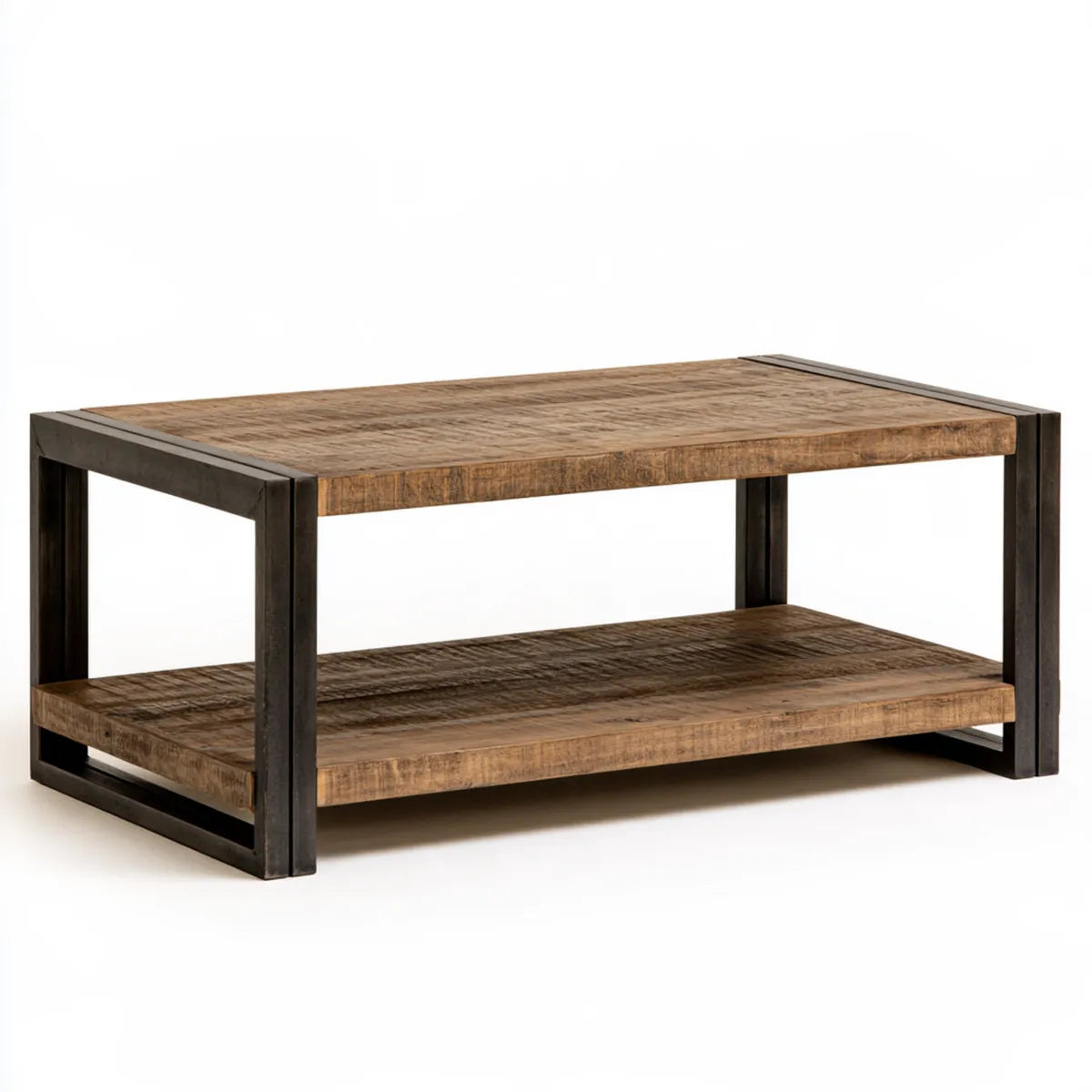 Rectangular Solid Mango Wood and Black Steel Coffee Table with Storage Shelf, 47.2 x 23.6 x 17.7 in, Brown/Black