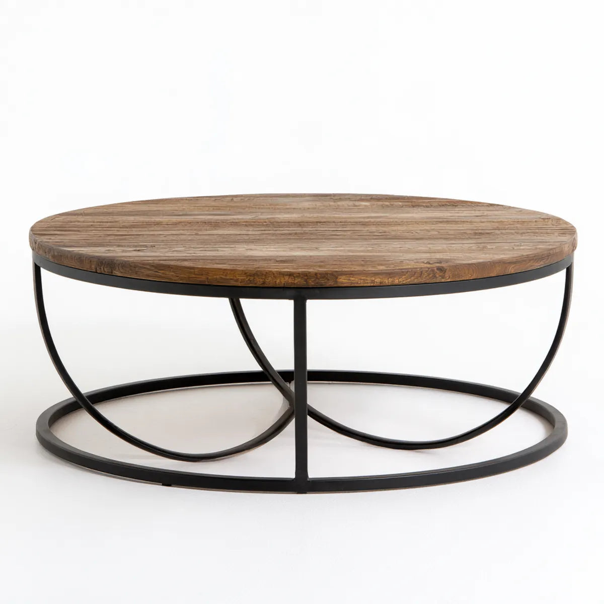 Round Coffee Table, 36 in. Diameter x 18 in. H, Brown Solid Mango Wood Top with Black Steel Base