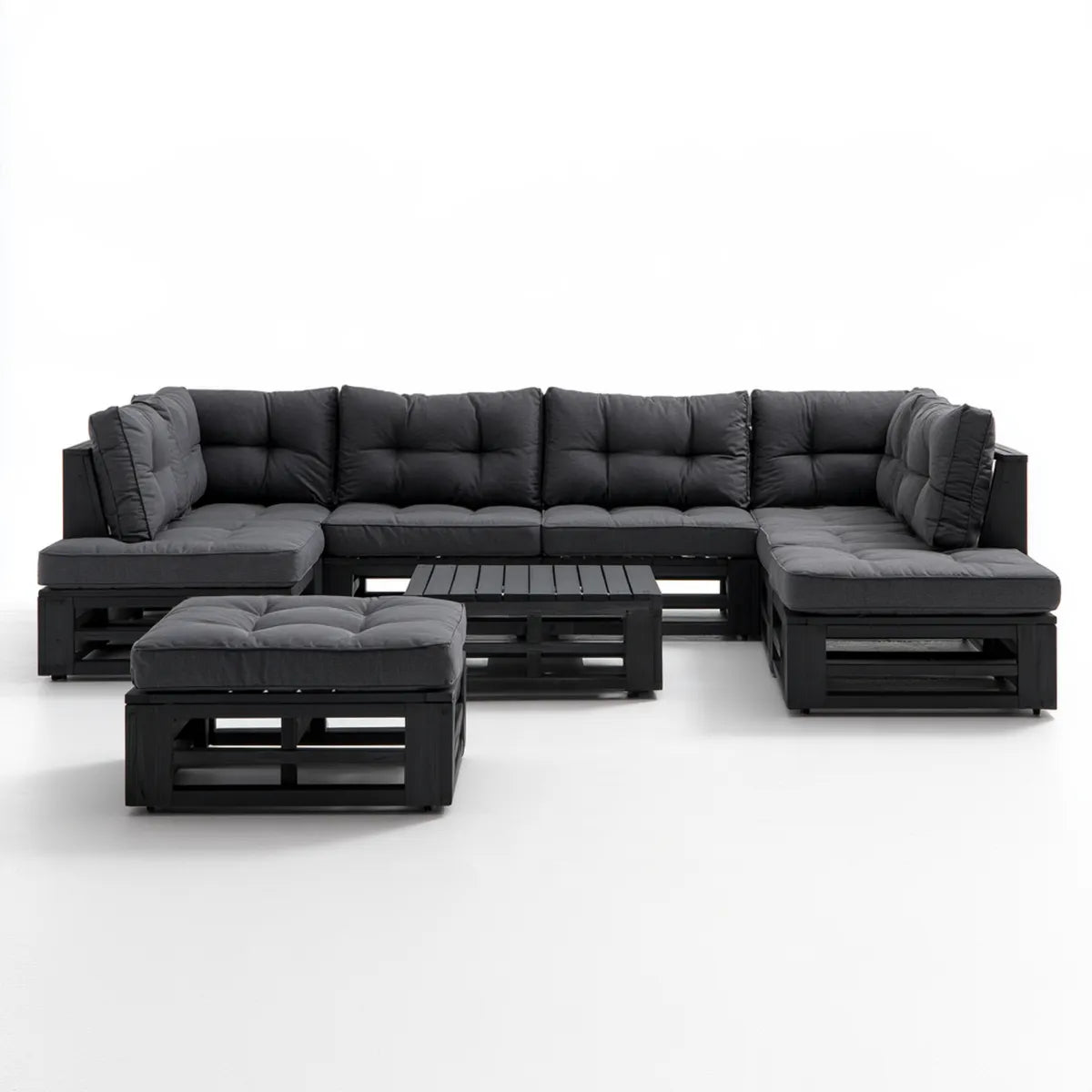 7-Piece Outdoor Solid Pine Wood Sectional Sofa Set, 137.8 x 55.1 x 24.8 in, Black Frame with Dark Gray Polyester Cushions