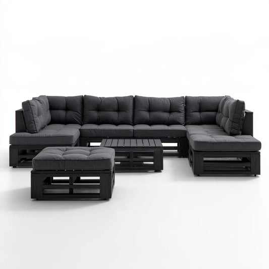 7-Piece Outdoor Solid Pine Wood Sectional Sofa Set, 137.8 x 55.1 x 24.8 in, Black Frame with Dark Gray Polyester Cushions