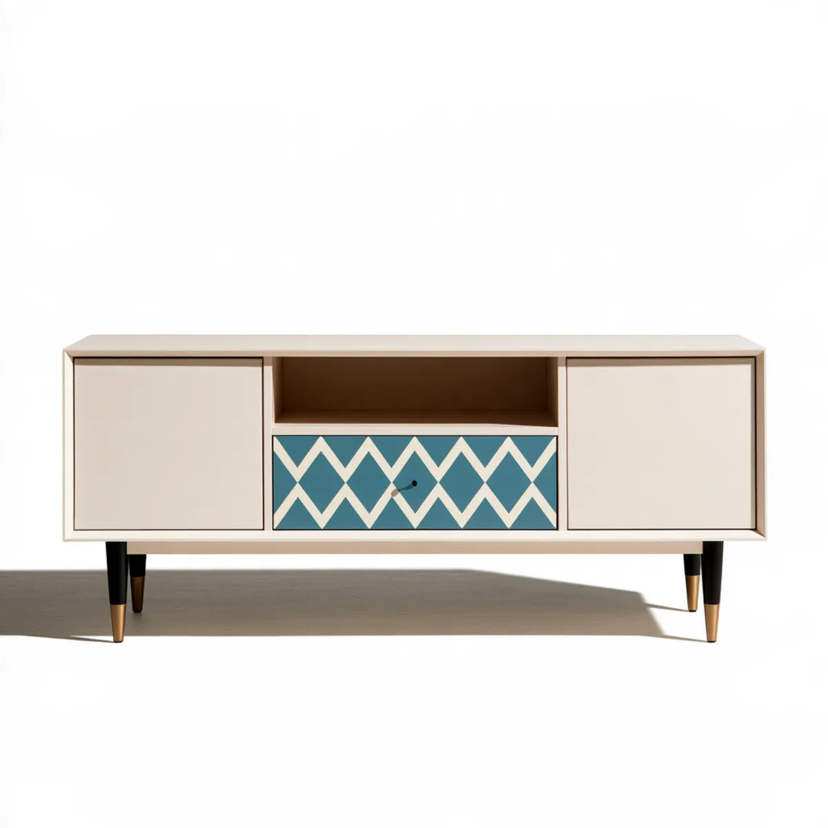 63 x 16 x 24 in White and Blue MDF TV Stand Media Console with 2 Doors and Drawer