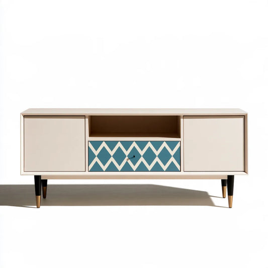 63 x 16 x 24 in White and Blue MDF TV Stand Media Console with 2 Doors and Drawer