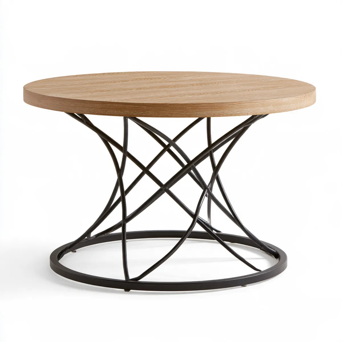 Round Coffee Table, 35.4 in. Diameter x 18 in. H, Natural Oak Veneer Top with Black Steel Base