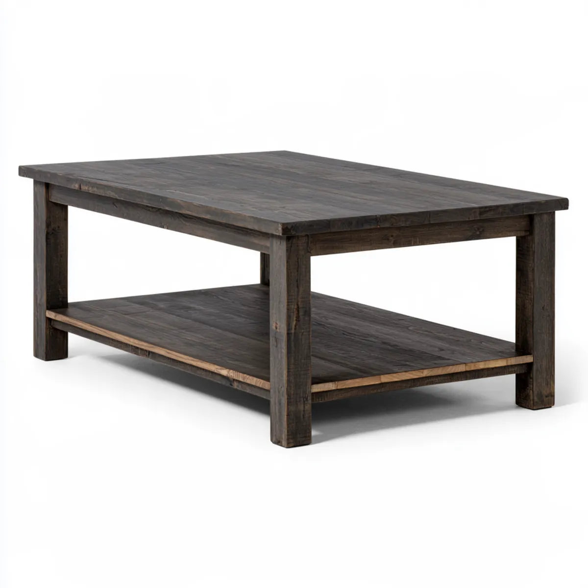 Rectangular Solid Reclaimed Hardwood Coffee Table with Lower Storage Shelf, 43.3 x 23.6 x 17.7 in, Dark Brown/Charcoal