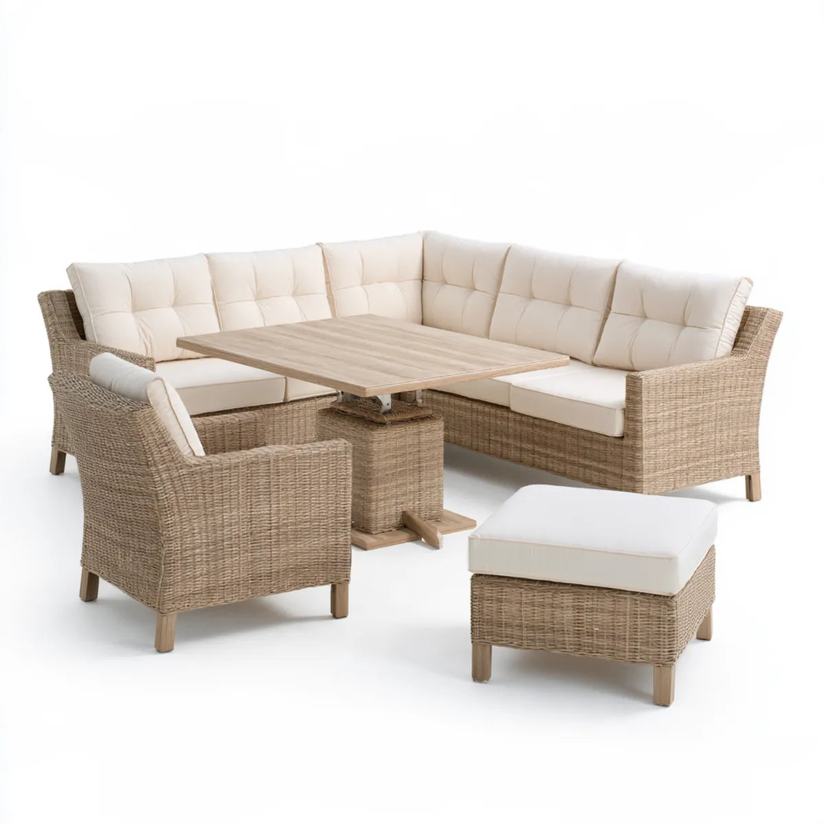 5-Piece Outdoor Patio Sectional Dining Set, 197 x 151 cm Beige PE Rattan L-Shaped Sofa with Ivory Cushions and Adjustable Acacia Wood Table