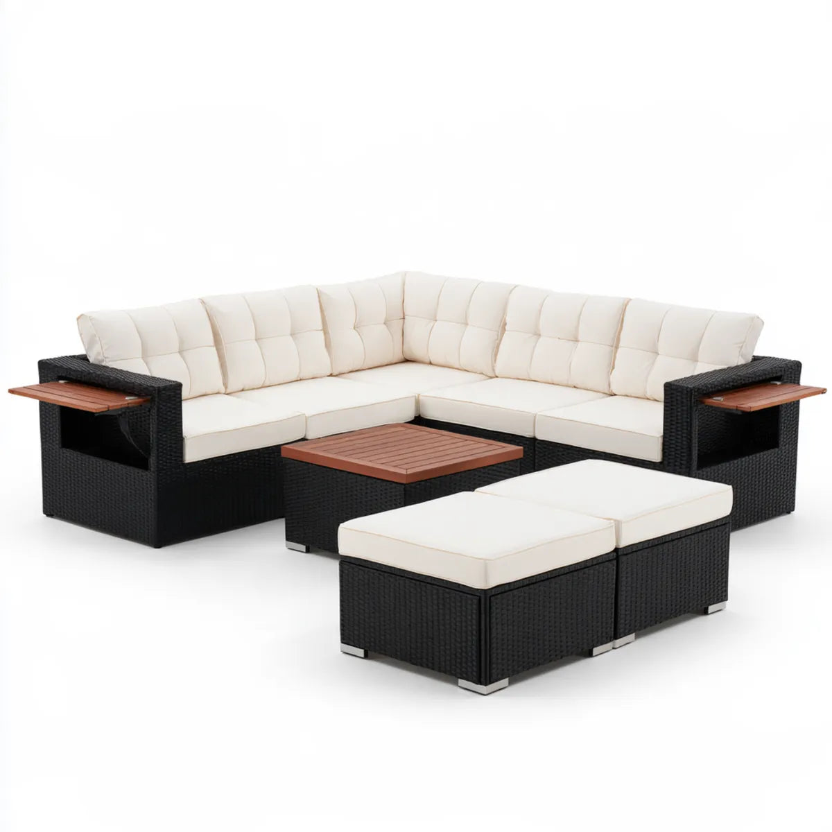 7-Piece Outdoor PE Rattan Sectional Sofa Set with Coffee Table, Black Frame, Cream Cushions, Brown Wood-Plastic Composite Tops, 75 x 75 cm Corner Sections