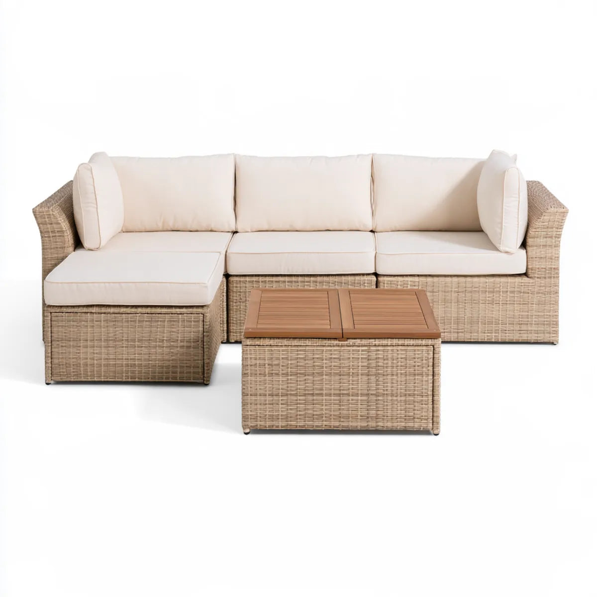 Outdoor PE Rattan 4-Seat Sectional Sofa Set with Acacia Wood Coffee Table, Beige/Ivory, 287 x 150 x 80 cm