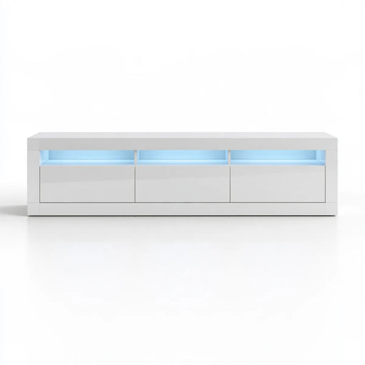 White MDF TV Stand with Blue LED Lights, 71 x 15.7 x 18.9 in, 3 Drawers and 3 Open Compartments