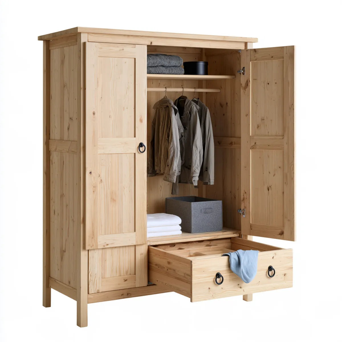 Solid Pine 2-Door Wardrobe with Drawer, Natural Pine/Black, 43.3 x 22.8 x 74.8 in