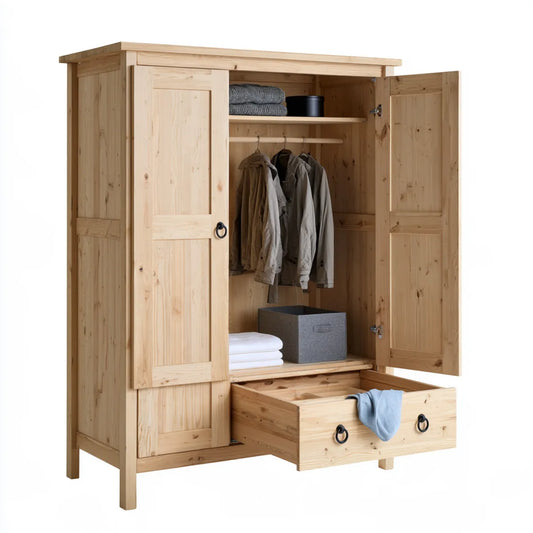 Solid Pine 2-Door Wardrobe with Drawer, Natural Pine/Black, 43.3 x 22.8 x 74.8 in