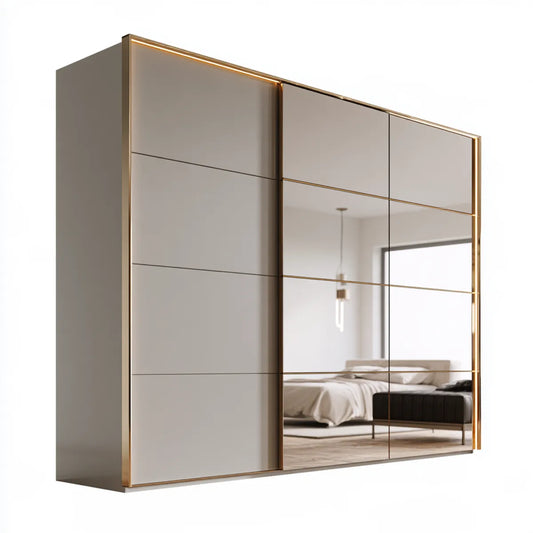 78.74 x 23.62 x 82.68 in Taupe MDF Mirrored Sliding Door Wardrobe with Gold Aluminum Frame